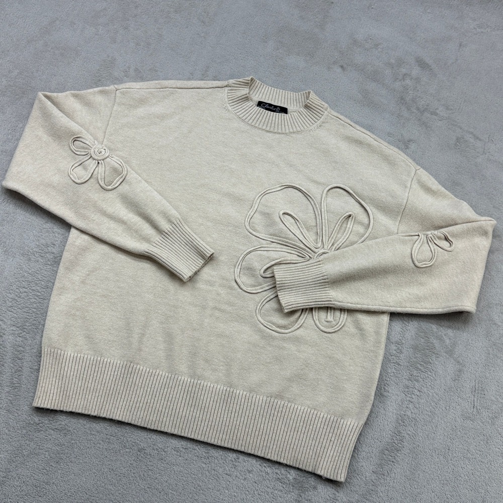 Charlie B Sweater Women L Oatmeal Floral Applique Crewneck Boho Cottagecore Cozy